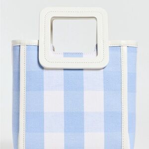 STAUD Mini Shirley Sky Blue and White Checkered Tote